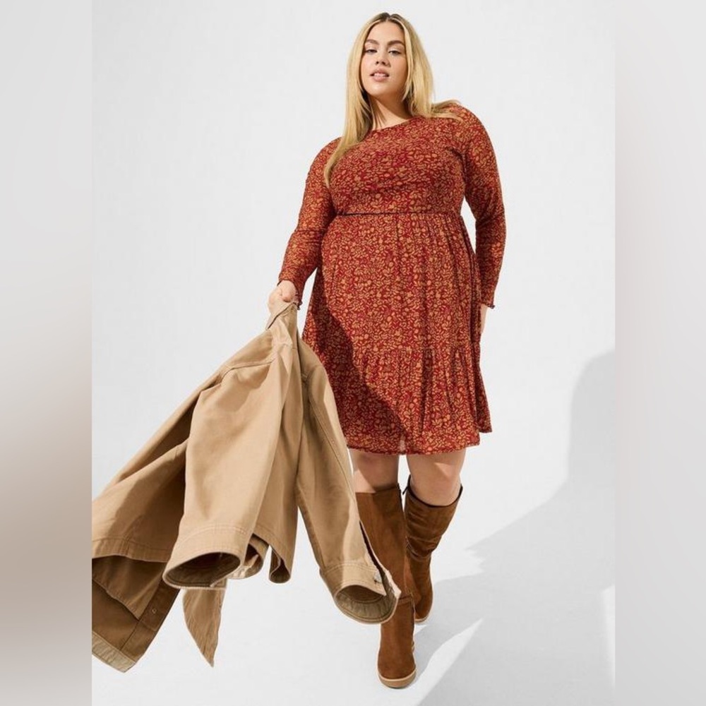 TORRID Ruffled Mini Dress Plus 4X Red Gold Floral Mesh Lined A-Line Pockets